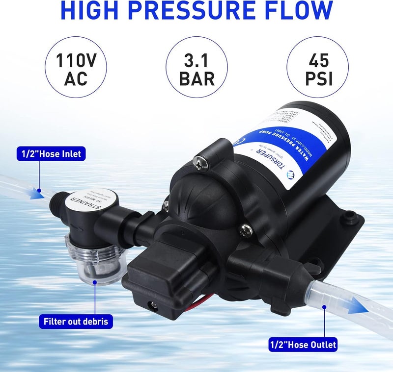 TDRSUPER Self-Priming Water Transfer Pump 110V AC, 4GPM 45PSI High Pressure Booster Pump, Black Stainless Steel Diaphragm Garden Sprinkler Pump for Home, Kitchen, Bathroom, Marine, Yacht - Image 2